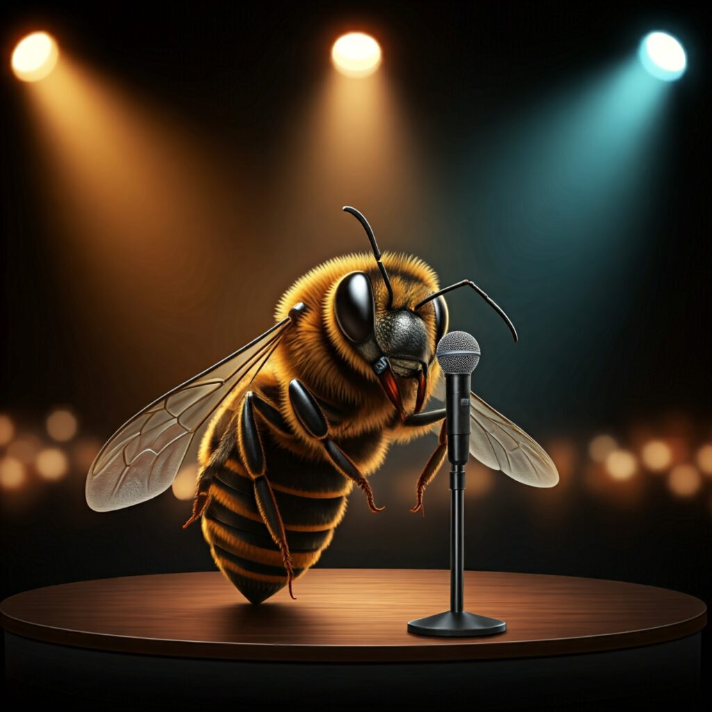 Drawing on a honey bee on stage tralking into a microphone