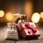 Honey bee opening a present of sugar