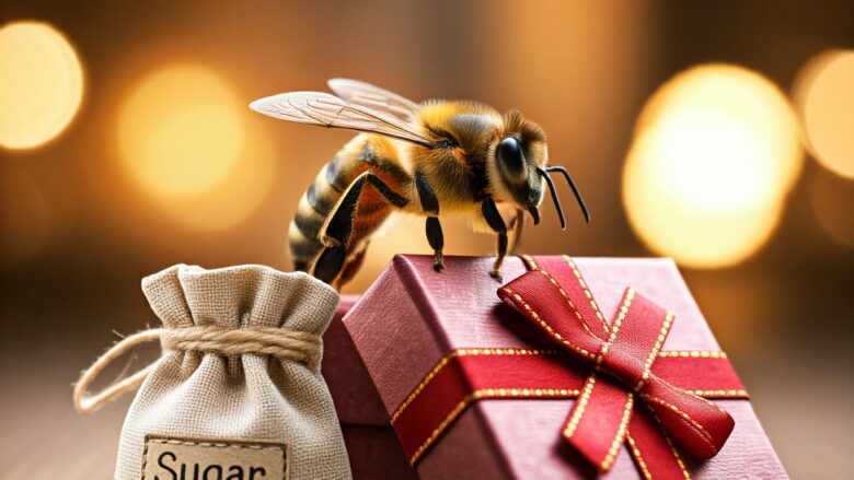 Honey bee opening a present of sugar